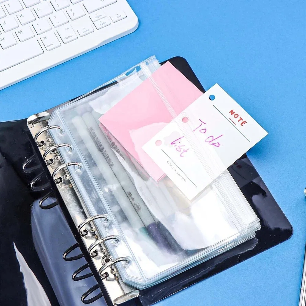 12 Clear A6 Cash & Document Envelopes - Zippered Binder Pockets for Organization